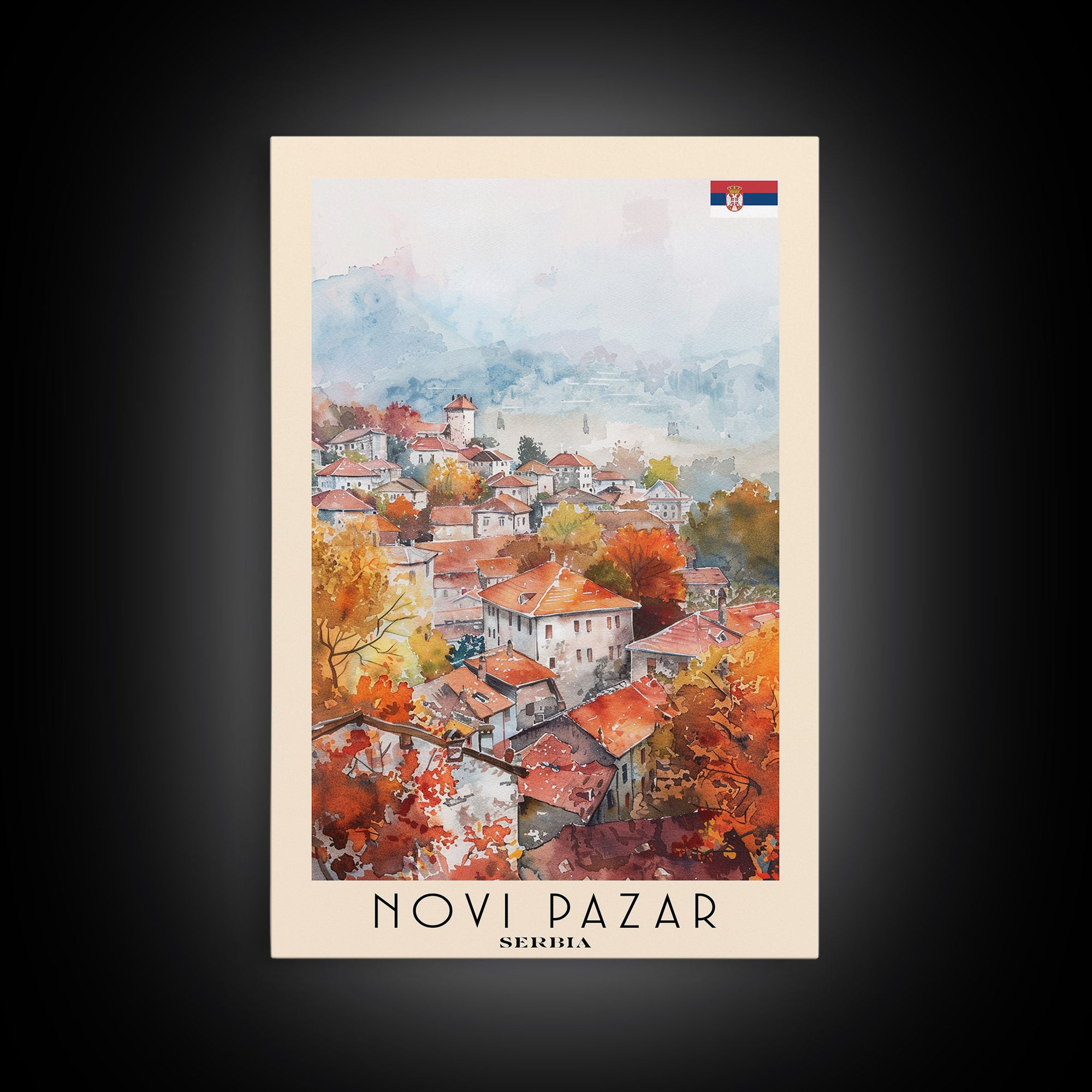 Novi Pazar Serbia Travel Poster Framed Canvas Print, Watercolor Painting, Scenic Wall Art, Home Decor, Serbian Landscape, Cultural Art