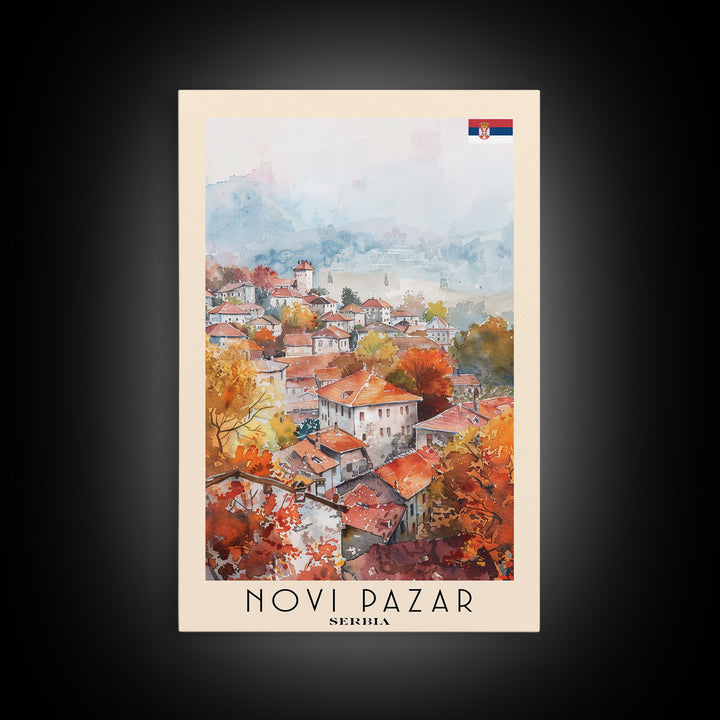 Novi Pazar Serbia Travel Poster Framed Canvas Print, Watercolor Painting, Scenic Wall Art, Home Decor, Serbian Landscape, Cultural Art