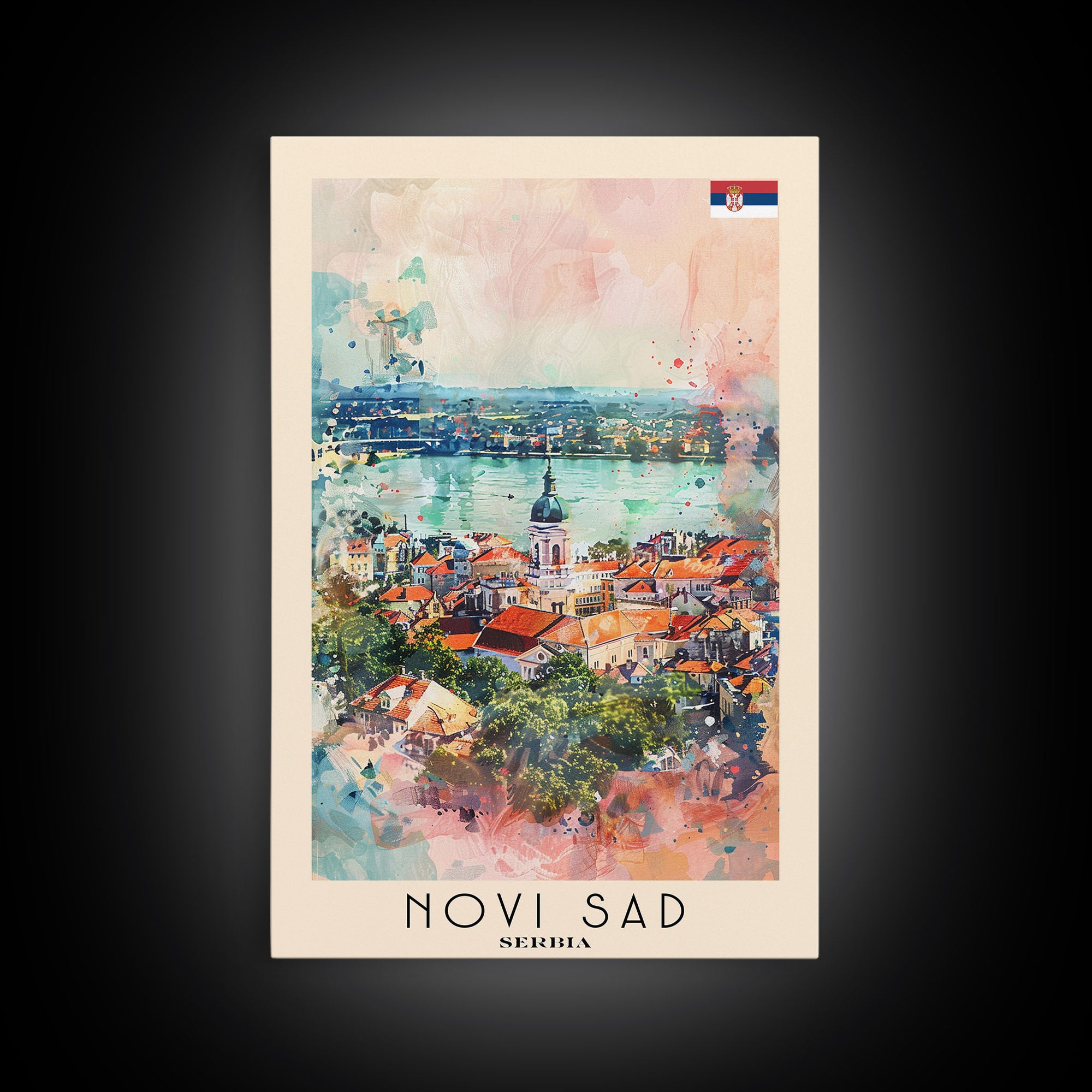Novi Sad Serbia Travel Poster Framed Canvas Print, Watercolor Painting, Scenic Wall Art, Home Decor, Serbian Cityscape, Historic Art