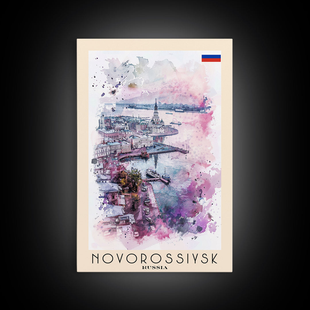 Novorossiysk Russia Travel Poster Framed Canvas Print, Watercolor Painting, Scenic Wall Art, Home Decor, Russian Coastal Scene, Classic Art