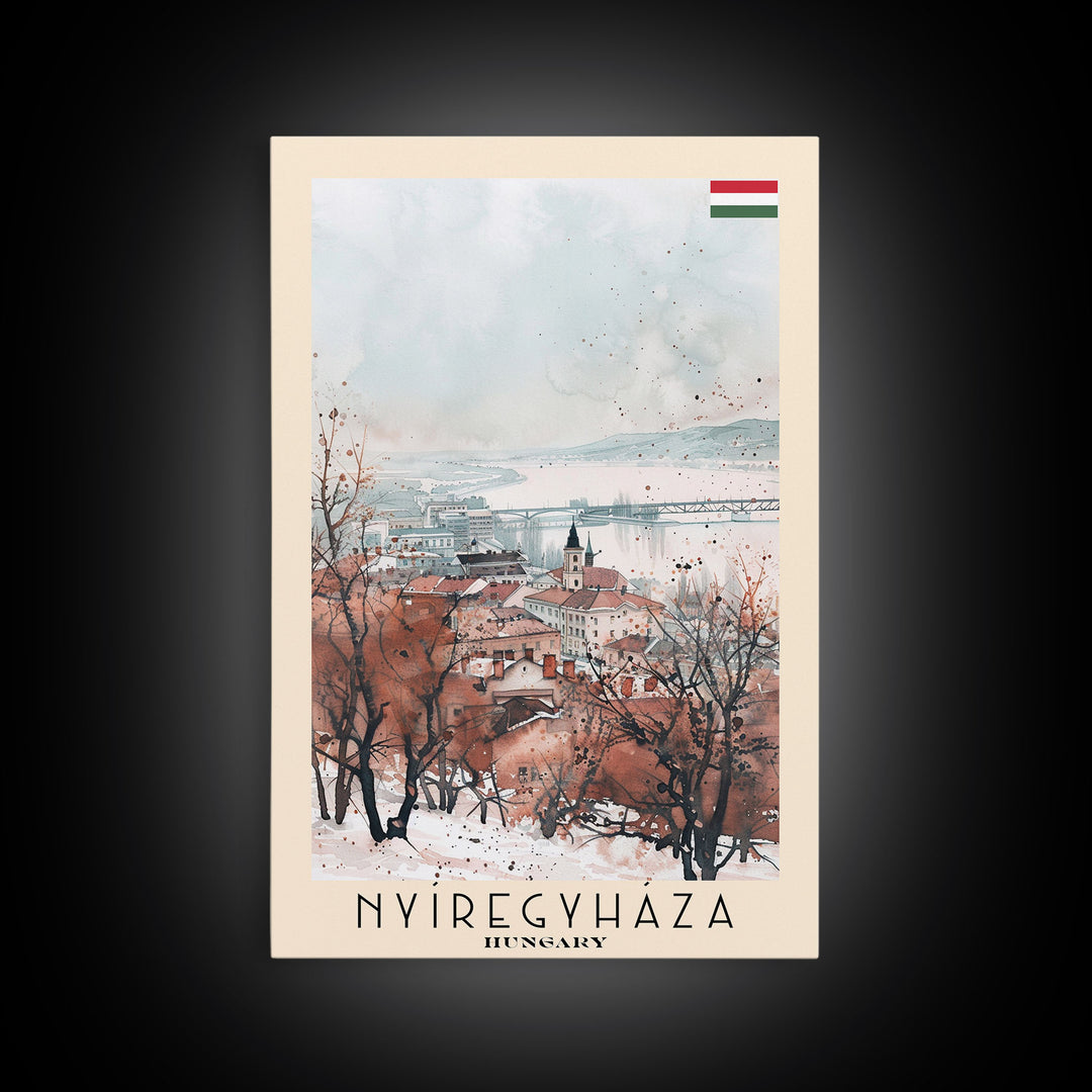 Nyiregyhaza Hungary Travel Poster Framed Canvas Print, Watercolor Painting, Scenic Wall Art, Home Decor, Hungarian Landscape, Rustic Art