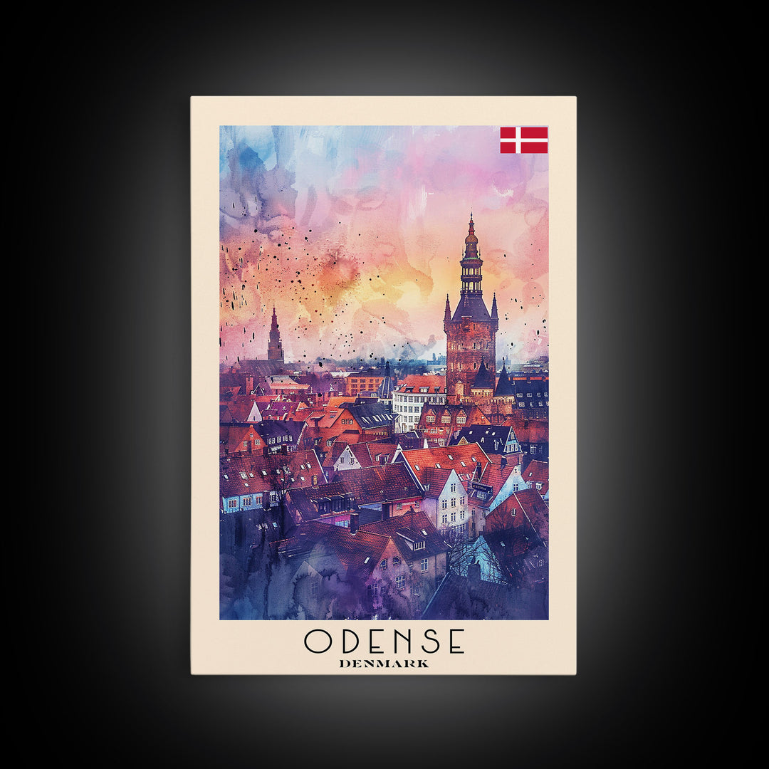 Odense Denmark Travel Poster Framed Canvas Print, Watercolor Painting, Scenic Wall Art, Home Decor, Danish Cityscape, Artistic Decor
