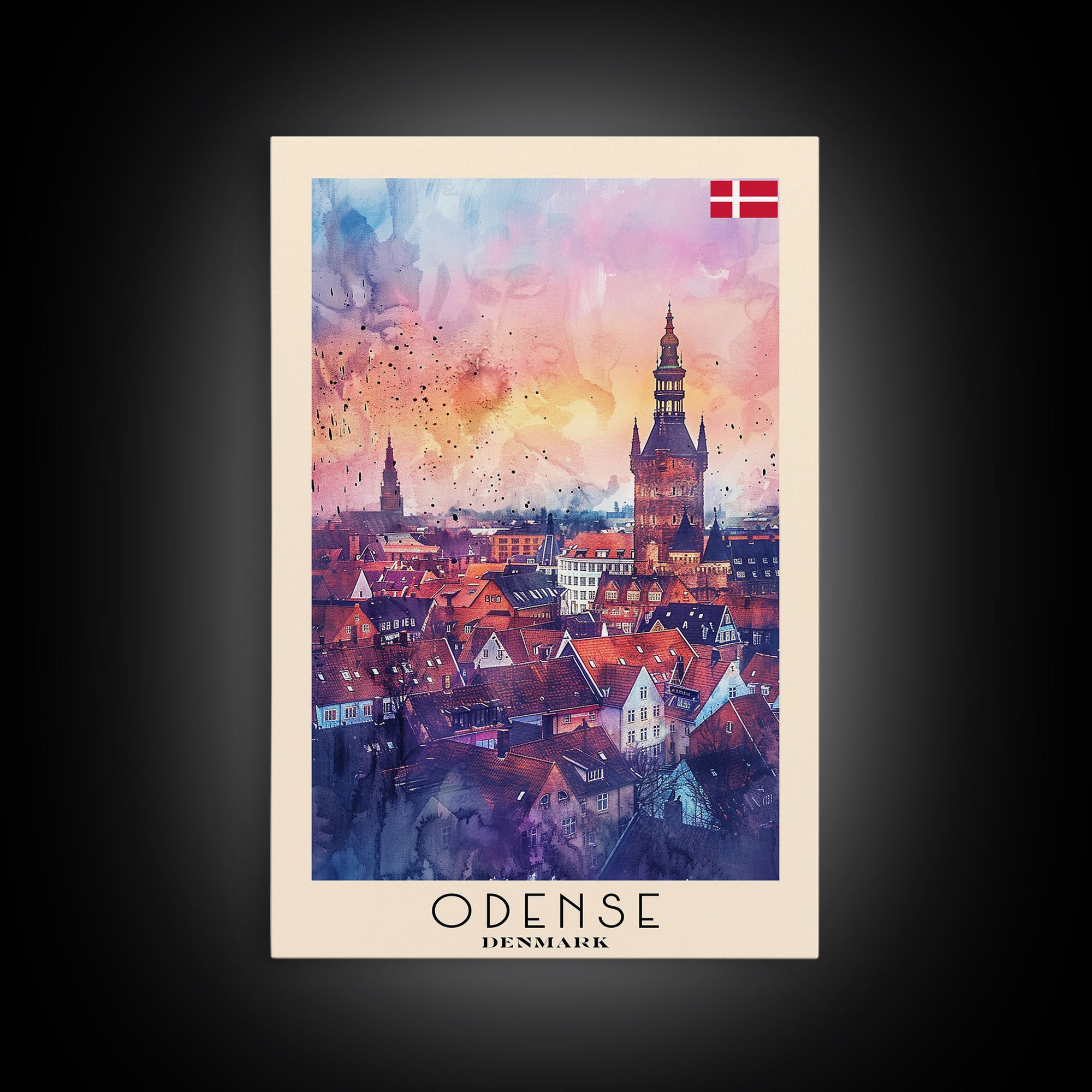 Odense Denmark Travel Poster Framed Canvas Print, Watercolor Painting, Scenic Wall Art, Home Decor, Danish Cityscape, Artistic Decor