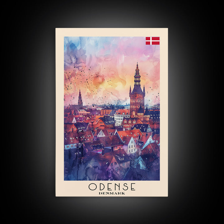 Odense Denmark Travel Poster Framed Canvas Print, Watercolor Painting, Scenic Wall Art, Home Decor, Danish Cityscape, Artistic Decor
