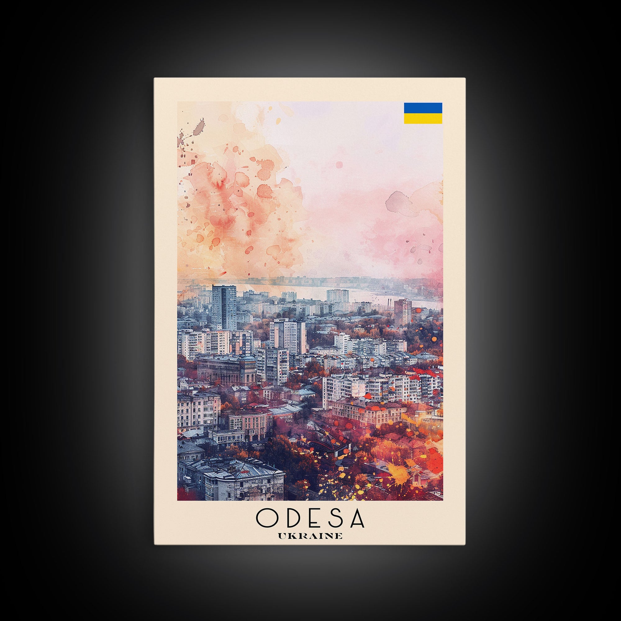 Odesa Ukraine Travel Poster Framed Canvas Print, Watercolor Painting, Scenic Wall Art, Home Decor, Ukrainian Coastal Scene, Vibrant Art