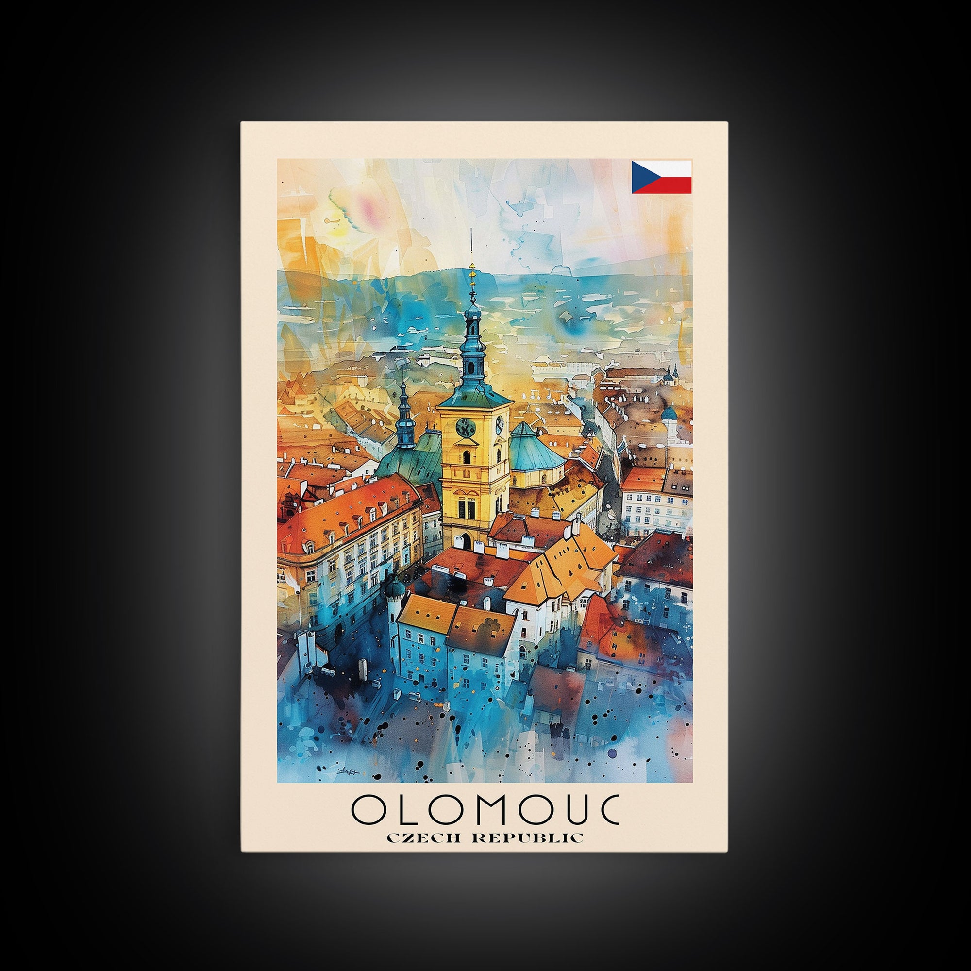 Olomouc Czech Travel Poster Framed Canvas Print, Watercolor Painting, Historic Wall Art, Home Decor, Czech Architecture, Vintage Style