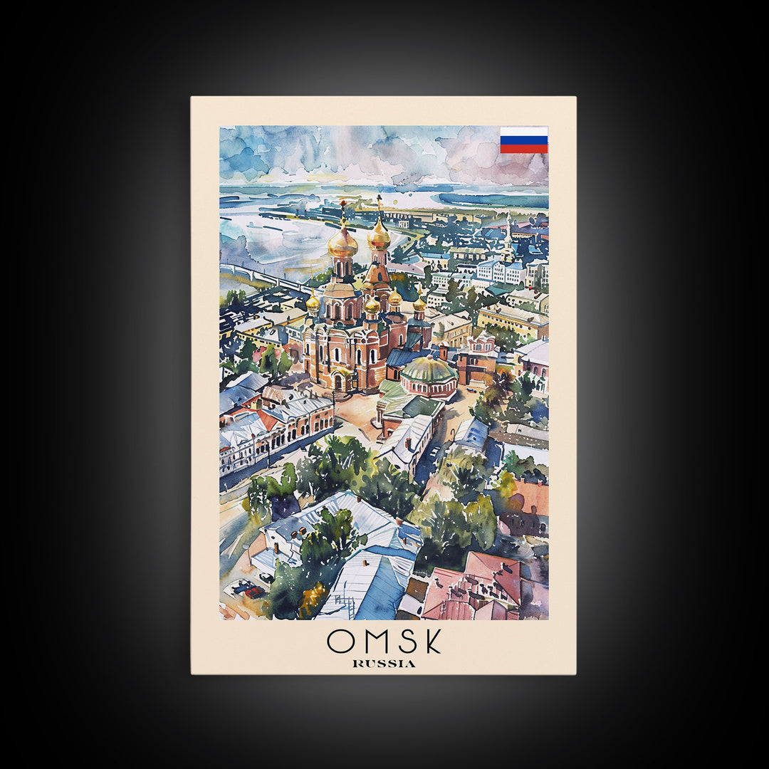 Omsk Russia Travel Poster Framed Canvas Print, Watercolor Painting, Urban Wall Art, Home Decor, Russian Cityscape, Modern Art