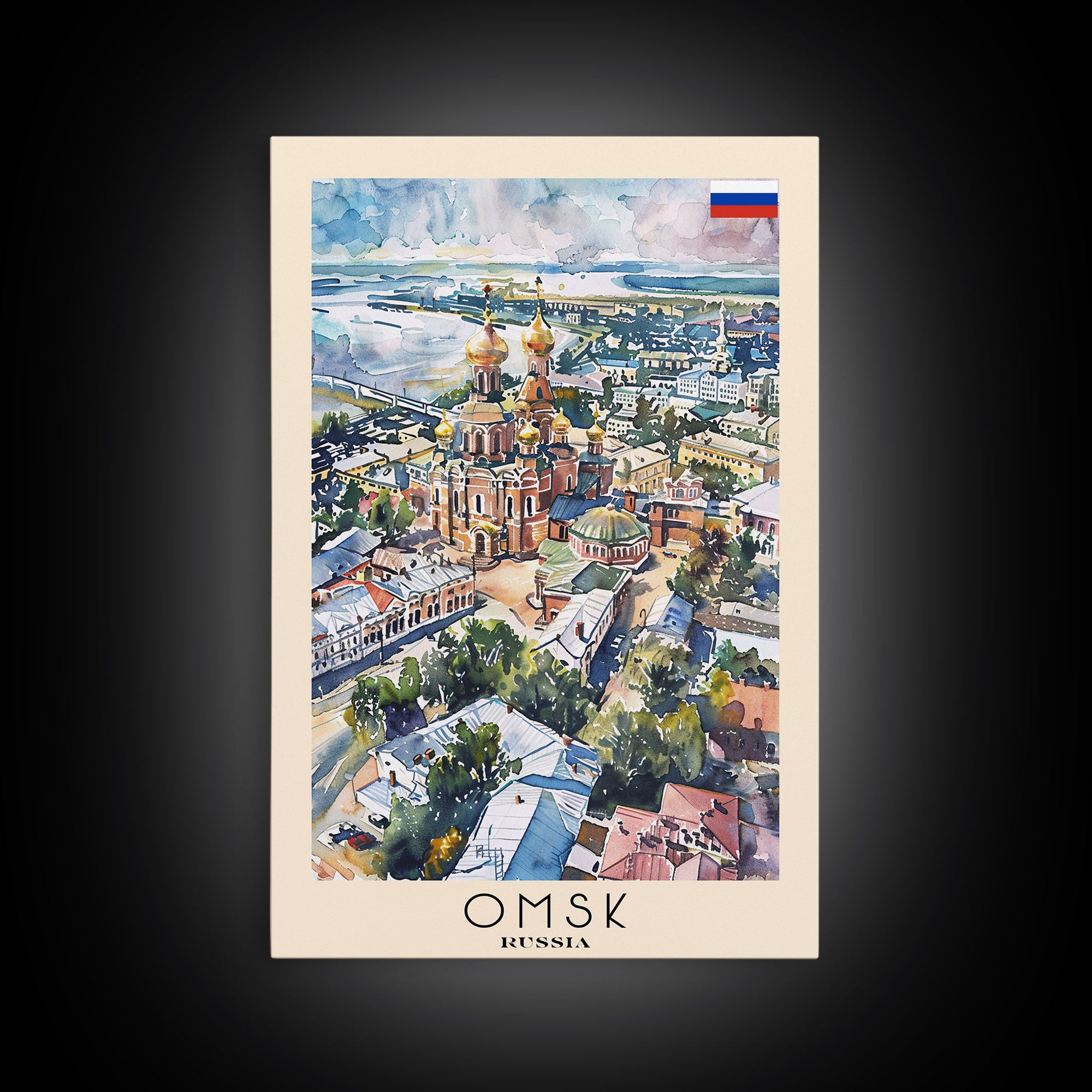 Omsk Russia Travel Poster Framed Canvas Print, Watercolor Painting, Urban Wall Art, Home Decor, Russian Cityscape, Modern Art