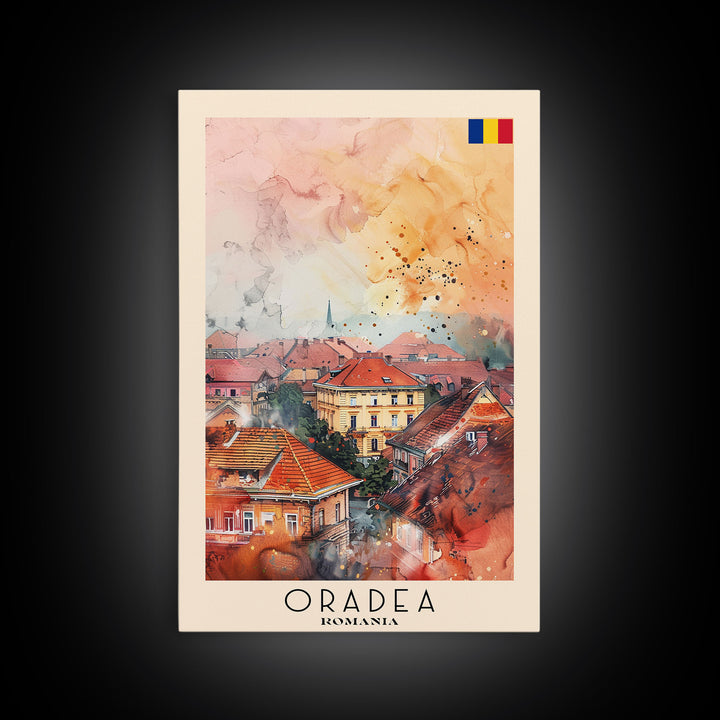 Oradea Romania Travel Poster Framed Canvas Print, Watercolor Painting, Scenic Wall Art, Home Decor, Romanian Architecture, Artistic Decor