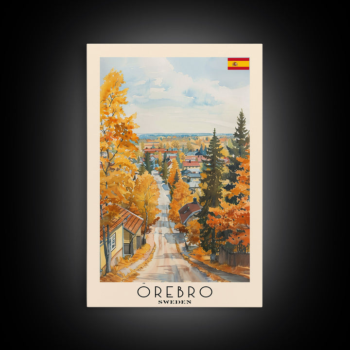 Orebro Sweden Travel Poster Framed Canvas Print, Watercolor Painting, Scenic Wall Art, Home Decor, Swedish Landscape, Minimalist Art