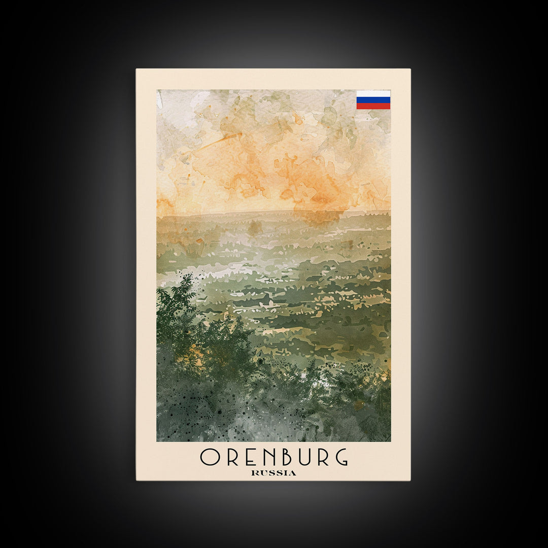 Orenburg Russia Travel Poster Framed Canvas Print, Watercolor Painting, Urban Wall Art, Home Decor, Russian Architecture, Contemporary Art