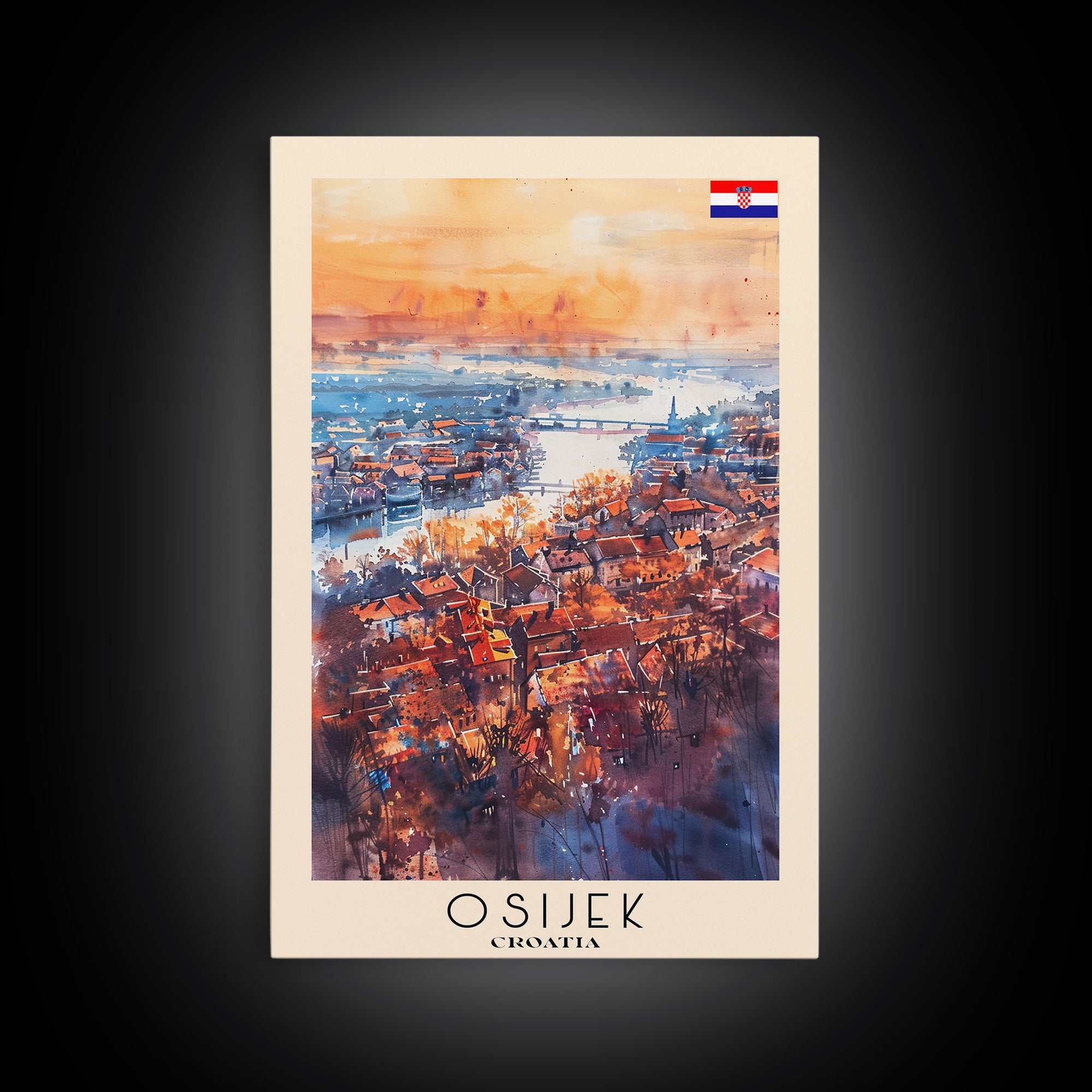Osijek Croatia Travel Poster Framed Canvas Print, Watercolor Painting, Scenic Wall Art, Home Decor, Croatian Landscape, Rustic Art