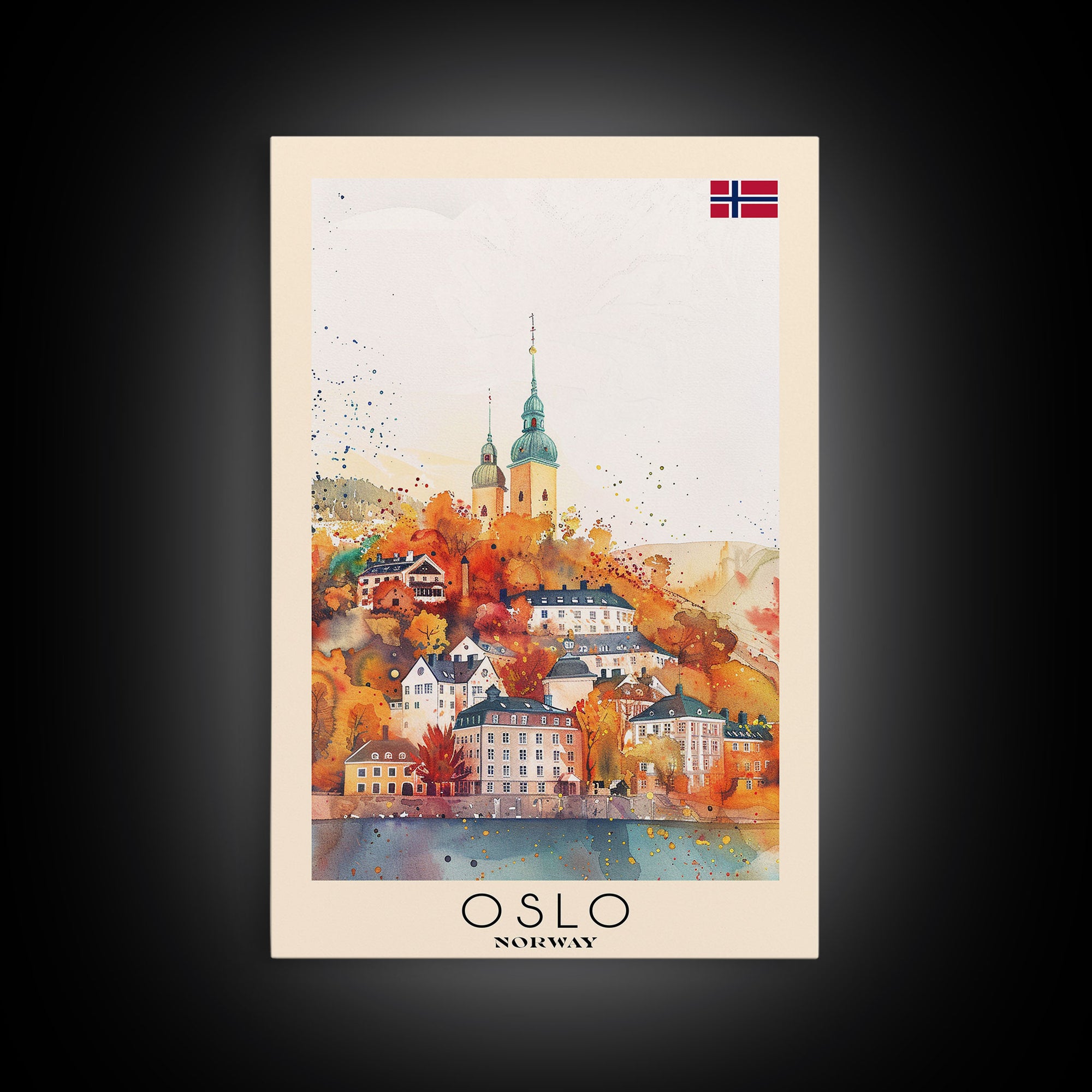 Oslo Norway Travel Poster Framed Canvas Print, Watercolor Painting, Scenic Wall Art, Home Decor, Norwegian Cityscape, Modern Decor