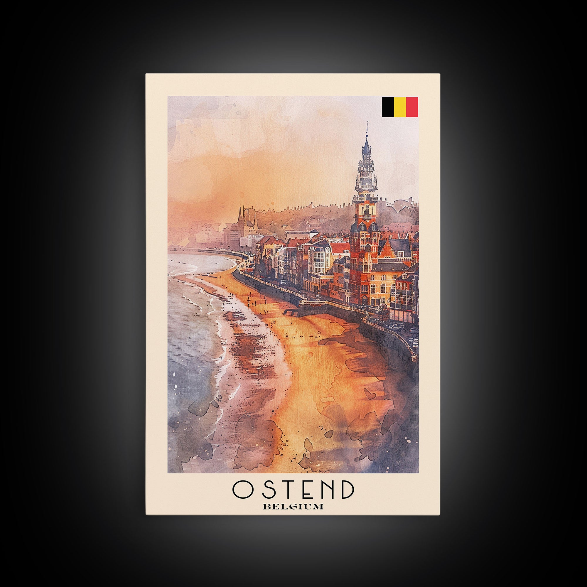 Ostend Belgium Travel Poster Framed Canvas Print, Watercolor Painting, Coastal Wall Art, Home Decor, Belgian Seaside, Vibrant Art