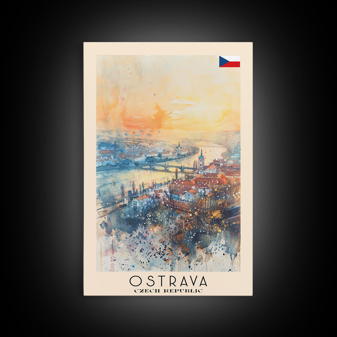 Ostrava Czech Travel Poster Framed Canvas Print, Watercolor Painting, Urban Wall Art, Home Decor, Czech Cityscape, Vintage Style