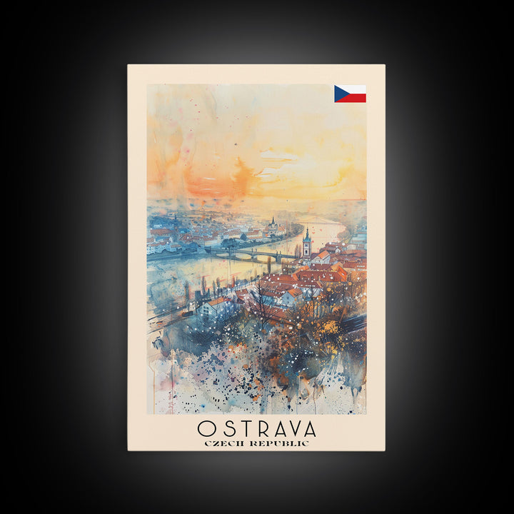 Ostrava Czech Travel Poster Framed Canvas Print, Watercolor Painting, Urban Wall Art, Home Decor, Czech Cityscape, Vintage Style