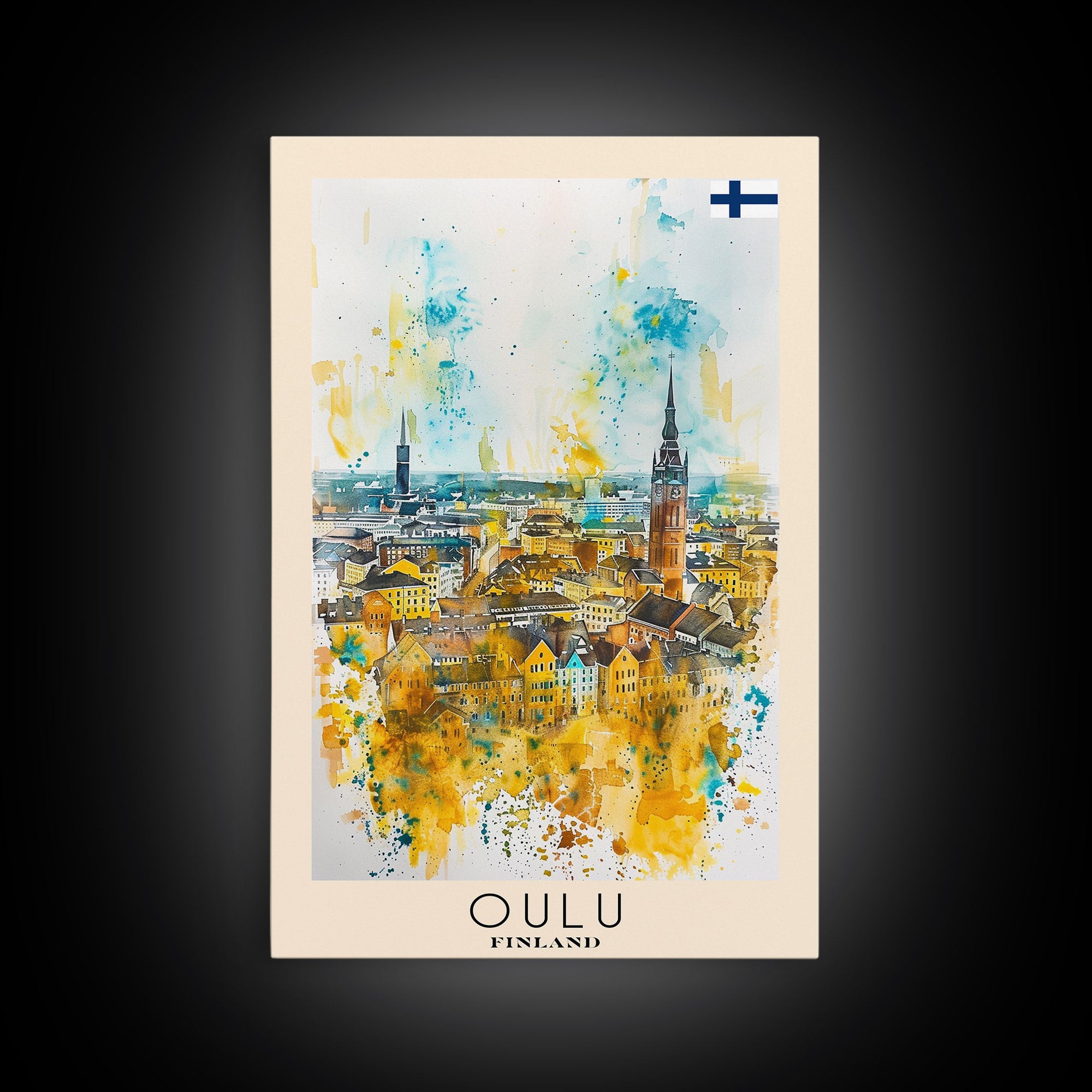 Oulu Finland Travel Poster Framed Canvas Print, Watercolor Painting, Scenic Wall Art, Home Decor, Finnish Landscape, Artistic Decor