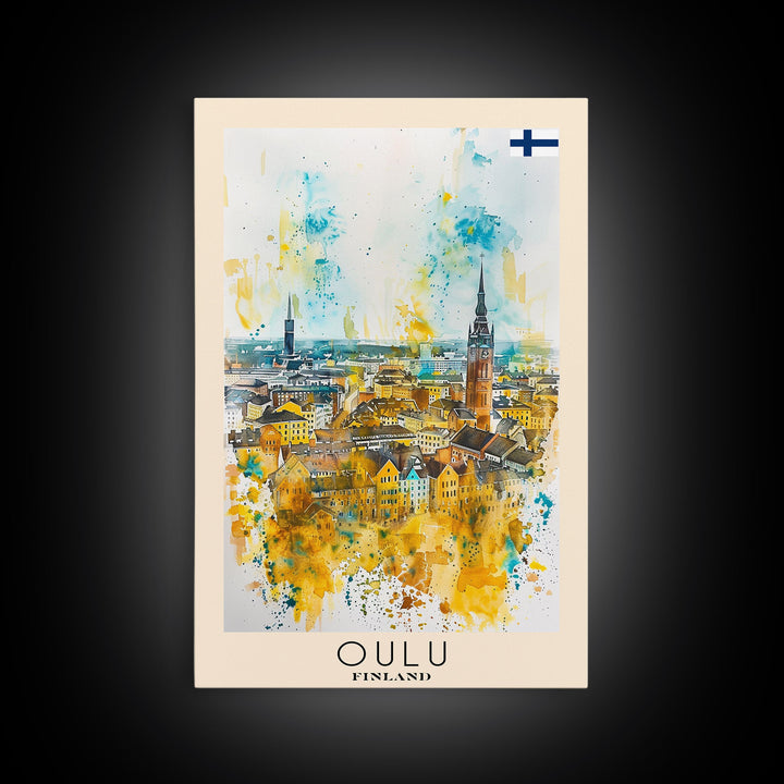 Oulu Finland Travel Poster Framed Canvas Print, Watercolor Painting, Scenic Wall Art, Home Decor, Finnish Landscape, Artistic Decor