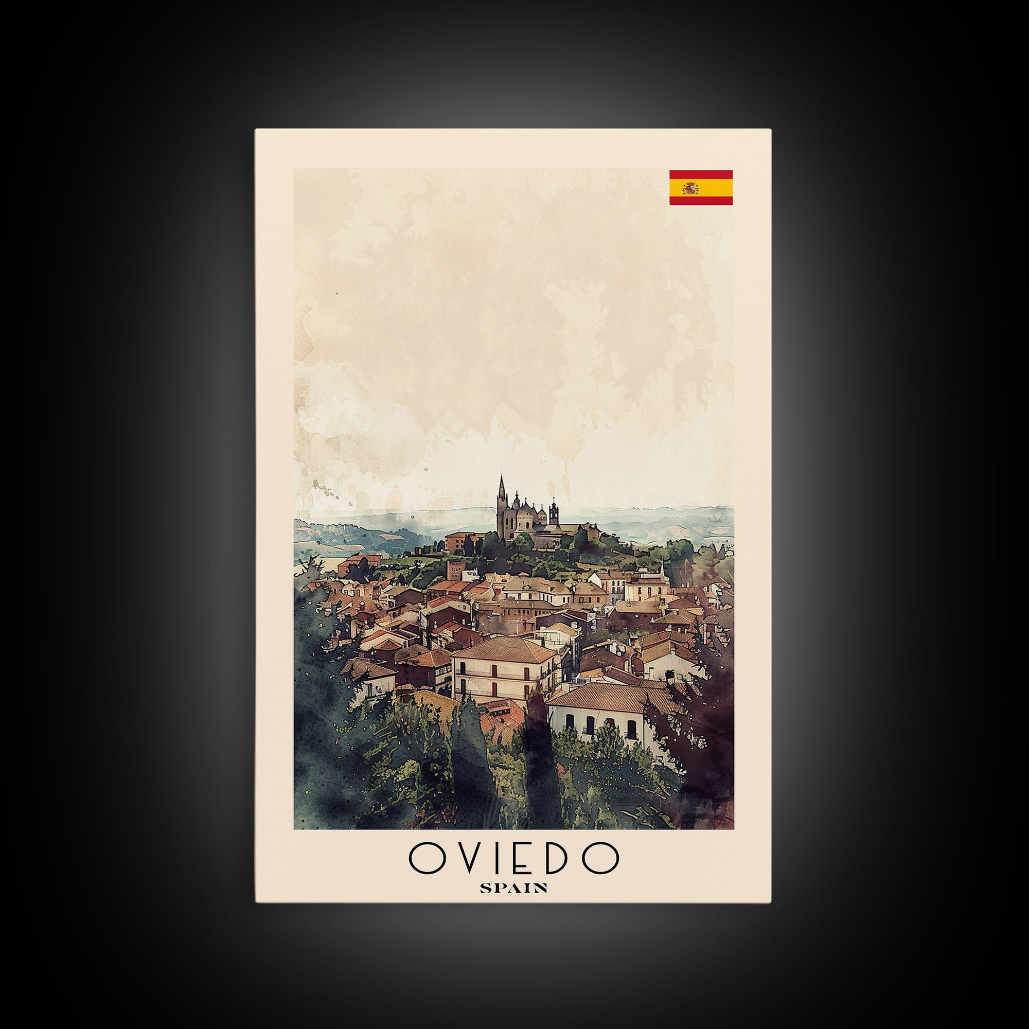 Oviedo Spain Travel Poster Framed Canvas Print, Watercolor Painting, Scenic Wall Art, Home Decor, Spanish Cityscape, Classic Art