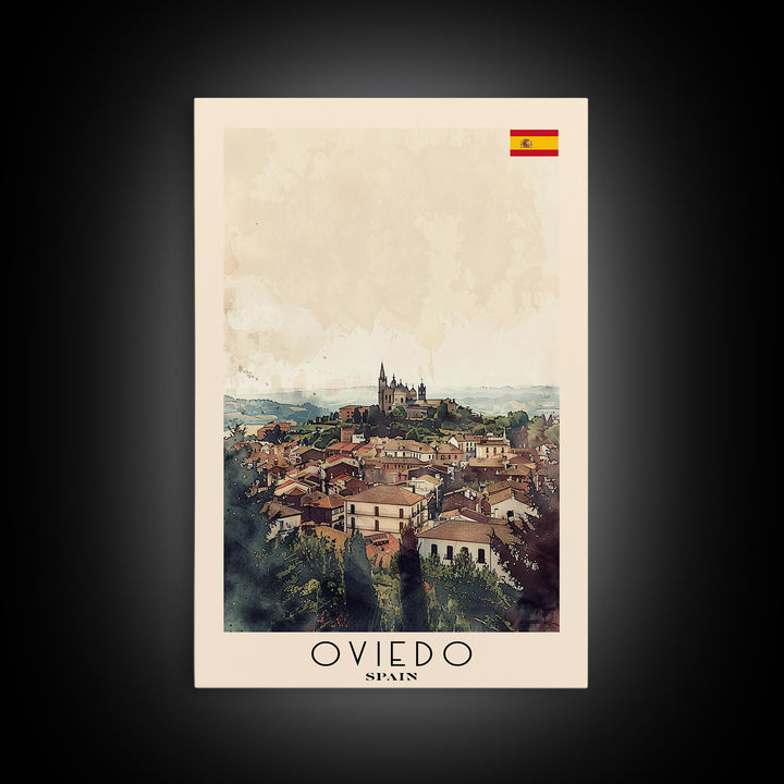 Oviedo Spain Travel Poster Framed Canvas Print, Watercolor Painting, Scenic Wall Art, Home Decor, Spanish Cityscape, Classic Art