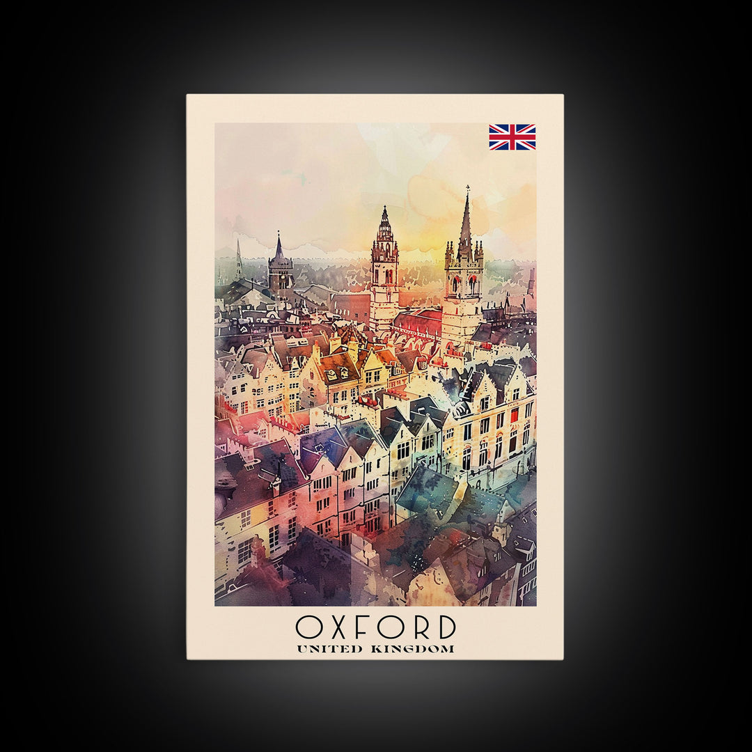 Oxford United Kingdom Travel Poster Framed Canvas Print, Watercolor Painting, Historic Wall Art, Home Decor, British Architecture, Artistic Decor