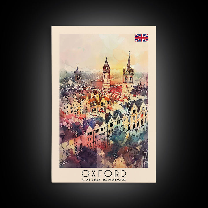 Oxford United Kingdom Travel Poster Framed Canvas Print, Watercolor Painting, Historic Wall Art, Home Decor, British Architecture, Artistic Decor