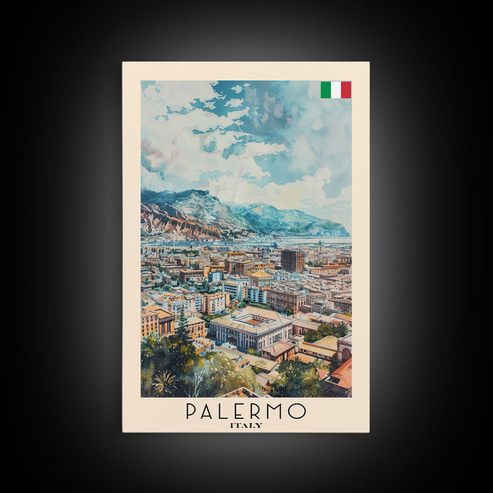 Palermo Italy Travel Poster Framed Canvas Print, Watercolor Painting, Coastal Wall Art, Home Decor, Italian Seaside, Vibrant Art