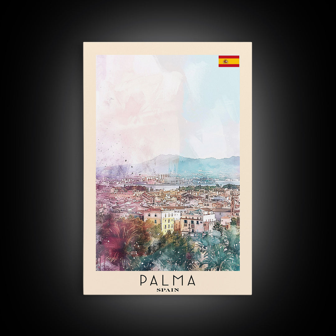 Palma Spain Travel Poster Framed Canvas Print, Watercolor Painting, Scenic Wall Art, Home Decor, Spanish Landscape, Minimalist Art