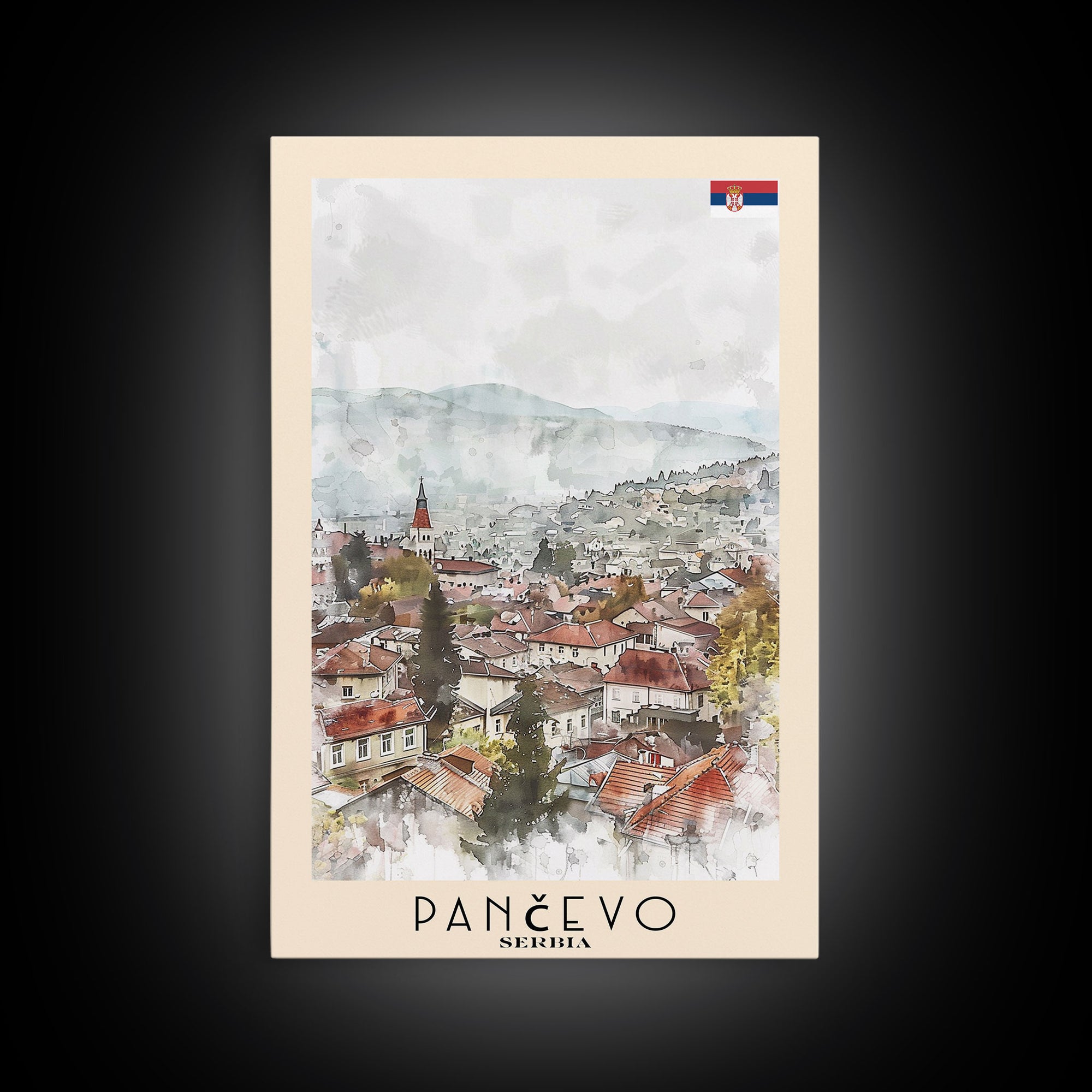 Panevo Serbia Travel Poster Framed Canvas Print, Watercolor Painting, Scenic Wall Art, Home Decor, Serbian Landscape, Modern Decor