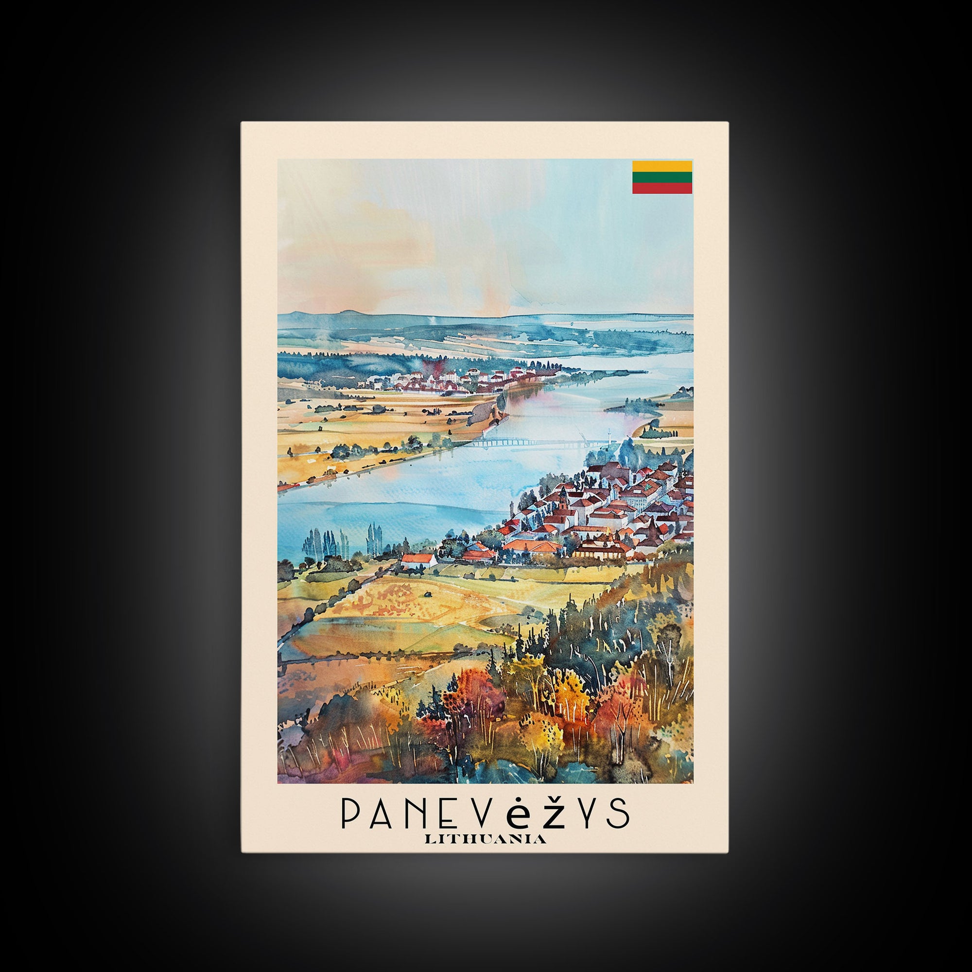 Panevys Lithuania Travel Poster Framed Canvas Print, Watercolor Painting, Scenic Wall Art, Home Decor, Lithuanian Cityscape, Artistic Decor