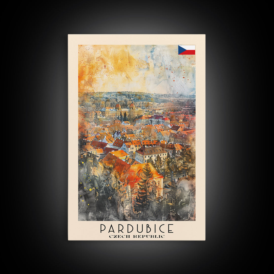 Pardubice Czech Travel Poster Framed Canvas Print, Watercolor Painting, Urban Wall Art, Home Decor, Czech Architecture, Vintage Style