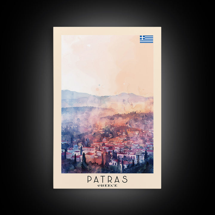 Patras Greece Travel Poster Framed Canvas Print, Watercolor Painting, Scenic Wall Art, Home Decor, Greek Seaside, Vibrant Art