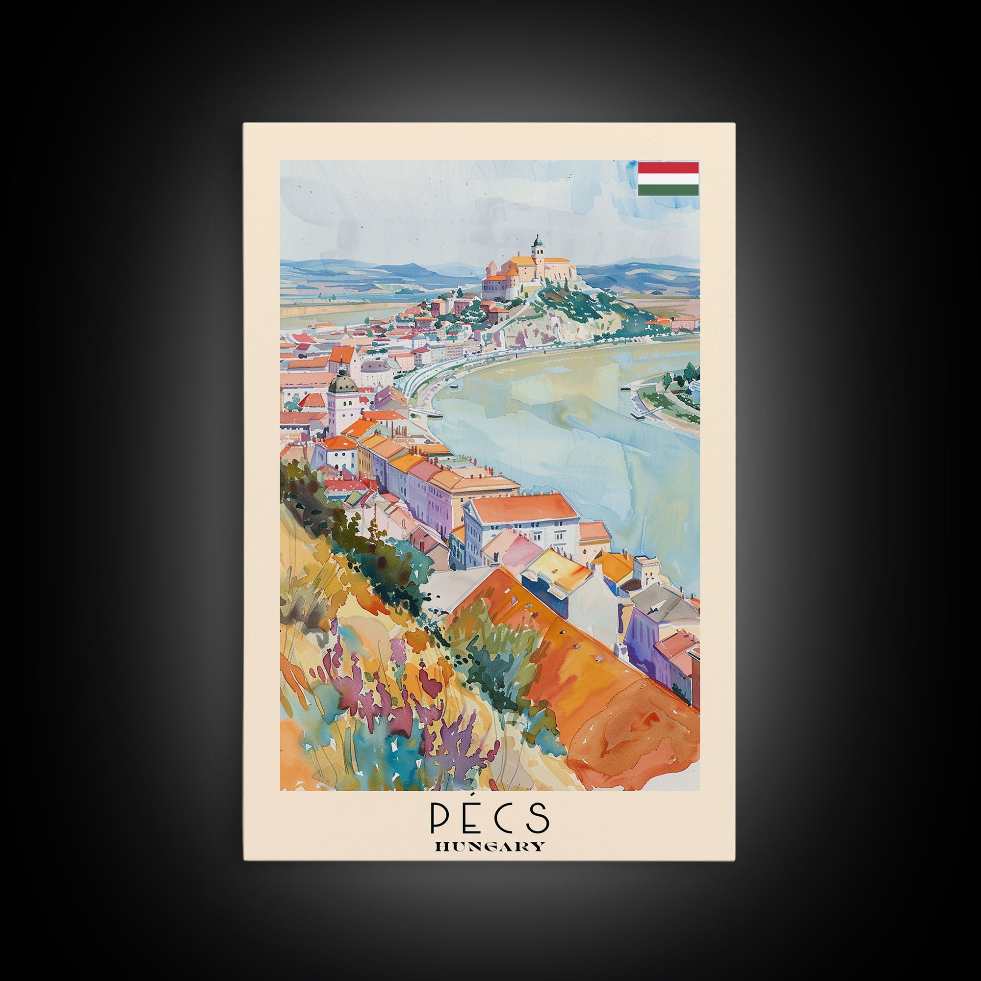Pecs Hungary Travel Poster Framed Canvas Print, Watercolor Painting, Scenic Wall Art, Home Decor, Hungarian Cityscape, Minimalist Art