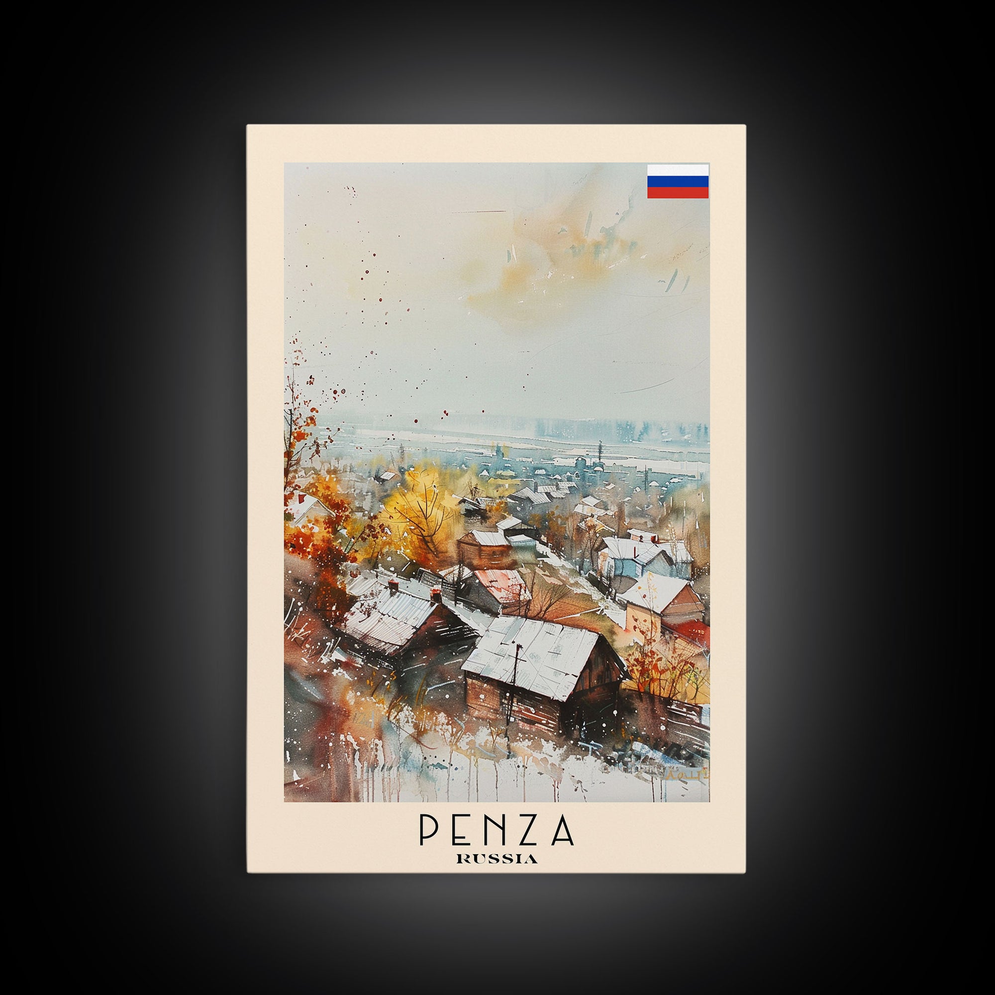 Penza Russia Travel Poster Framed Canvas Print, Watercolor Painting, Urban Wall Art, Home Decor, Russian Cityscape, Contemporary Art