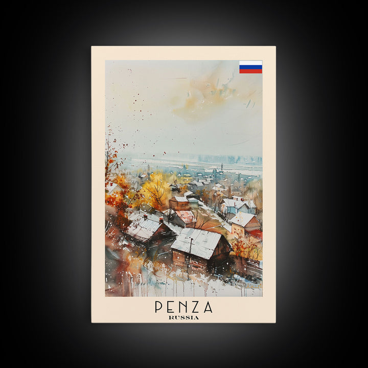 Penza Russia Travel Poster Framed Canvas Print, Watercolor Painting, Urban Wall Art, Home Decor, Russian Cityscape, Contemporary Art
