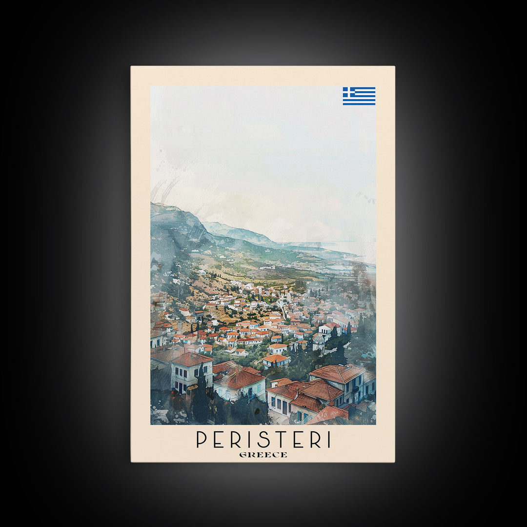 Peristeri Greece Travel Poster Framed Canvas Print, Watercolor Painting, Scenic Wall Art, Home Decor, Greek Landscape, Classic Art