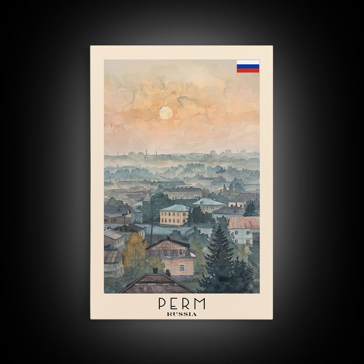 Perm Russia Travel Poster Framed Canvas Print, Watercolor Painting, Scenic Wall Art, Home Decor, Russian Landscape, Urban Art