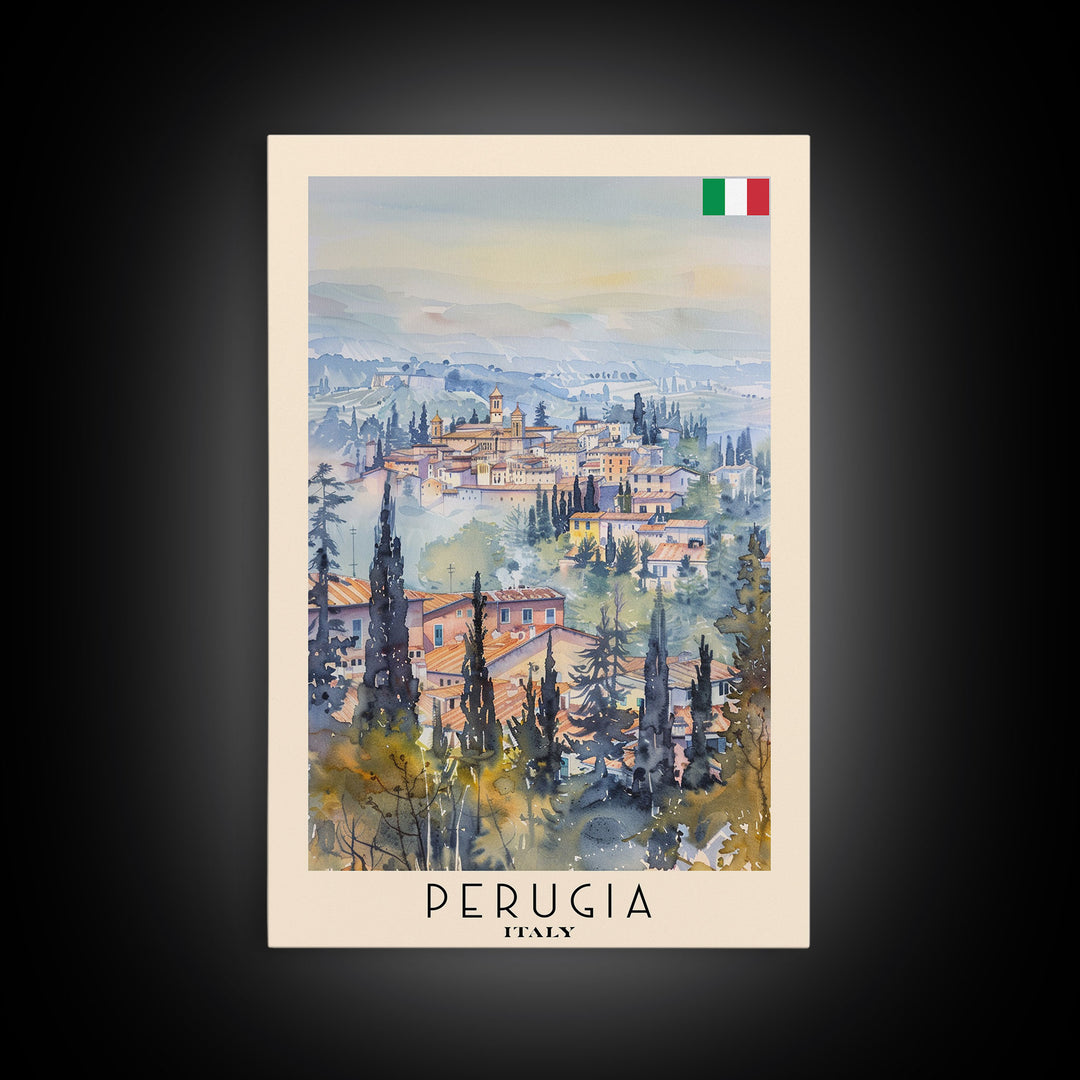 Perugia Italy Travel Poster Framed Canvas Print, Watercolor Painting, Scenic Wall Art, Home Decor, Italian Cityscape, Classic Art