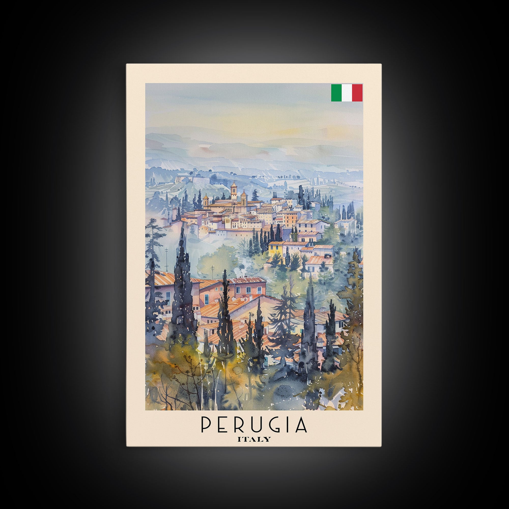 Perugia Italy Travel Poster Framed Canvas Print, Watercolor Painting, Scenic Wall Art, Home Decor, Italian Cityscape, Classic Art