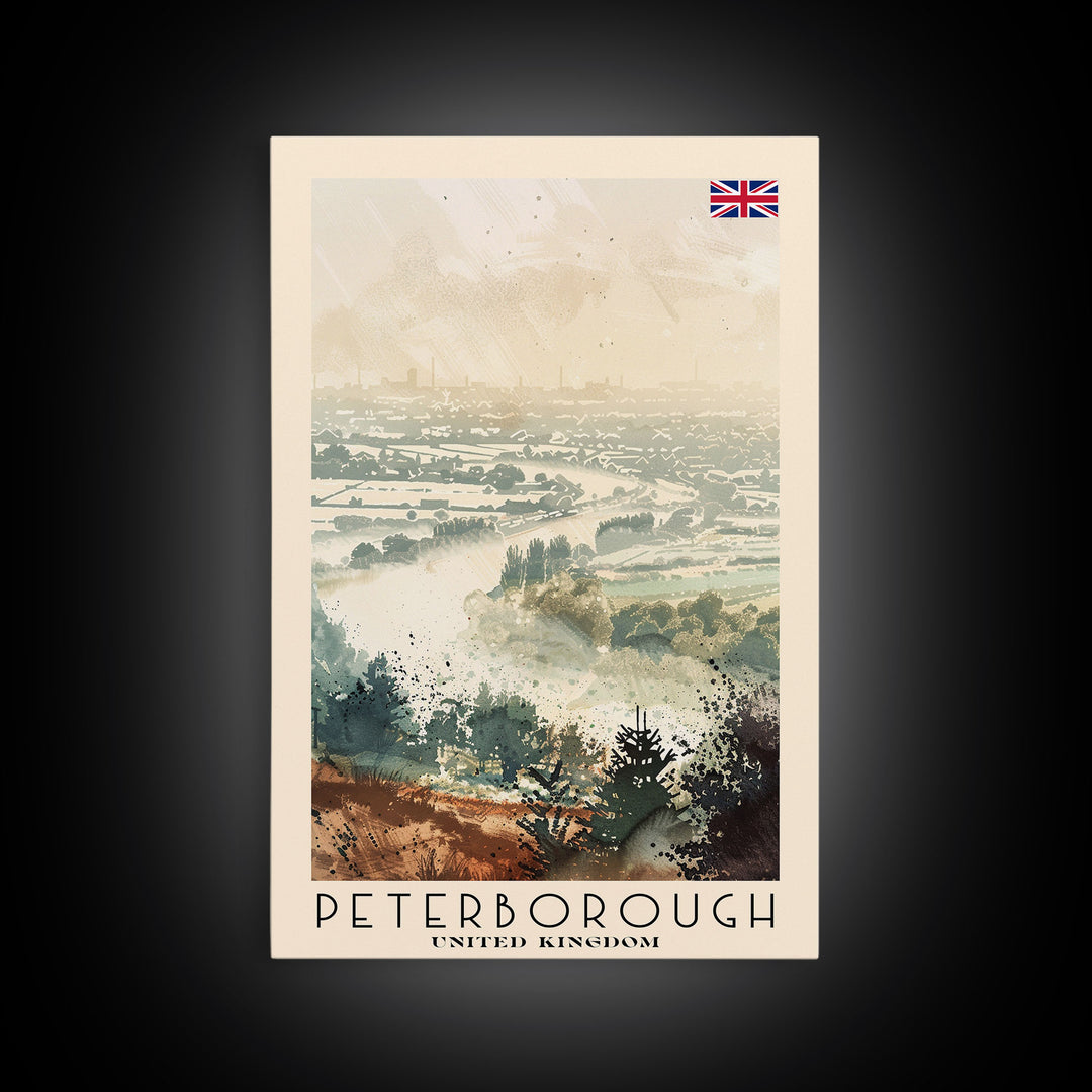 Peterborough United Kingdom Travel Poster Framed Canvas Print, Watercolor Painting, Historic Wall Art, Home Decor, British Architecture, Artistic Decor