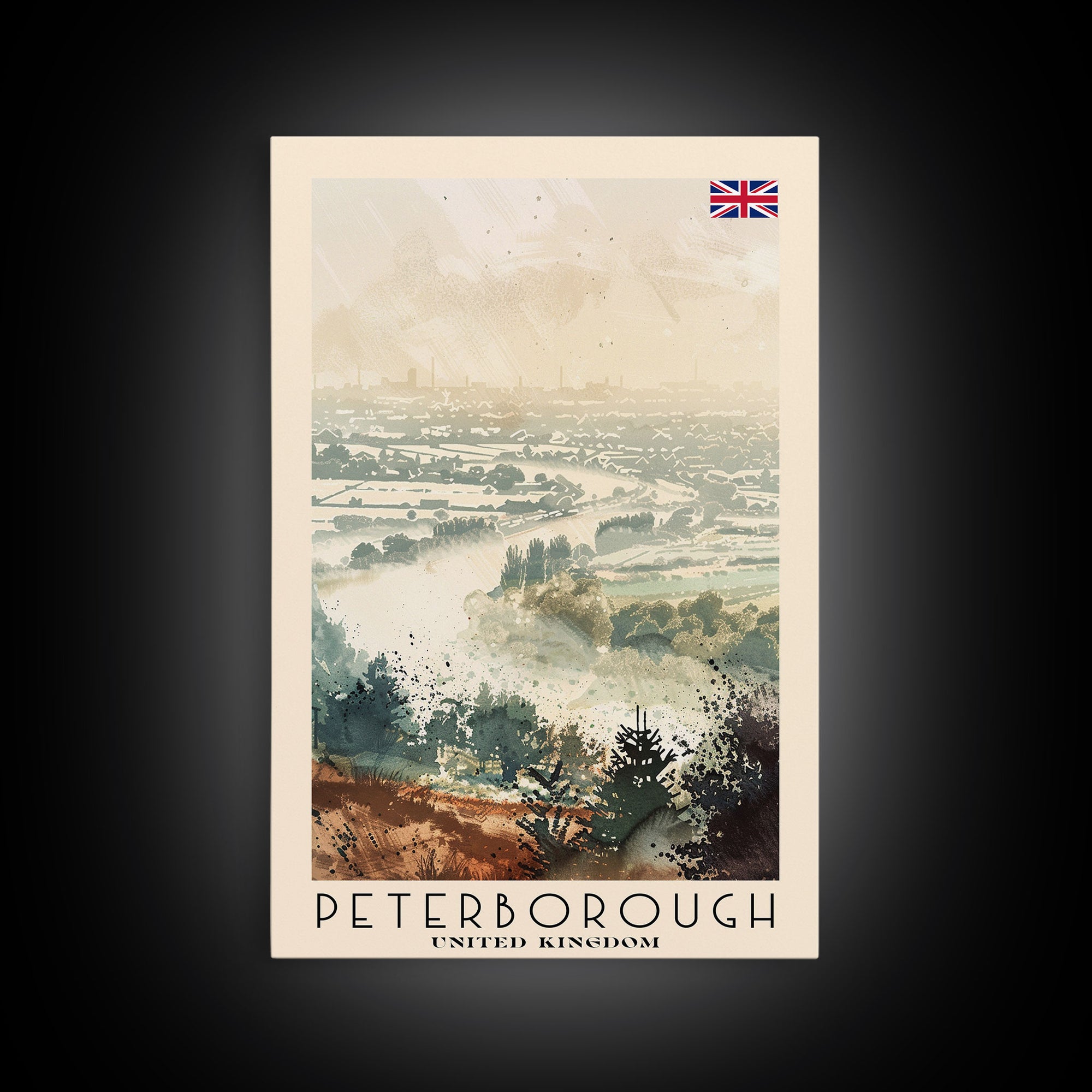 Peterborough United Kingdom Travel Poster Framed Canvas Print, Watercolor Painting, Historic Wall Art, Home Decor, British Architecture, Artistic Decor