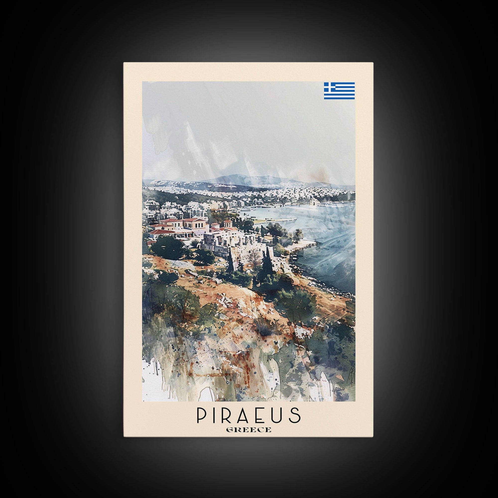 Piraeus Greece Travel Poster Framed Canvas Print, Watercolor Painting, Coastal Wall Art, Home Decor, Greek Seaside, Vibrant Art