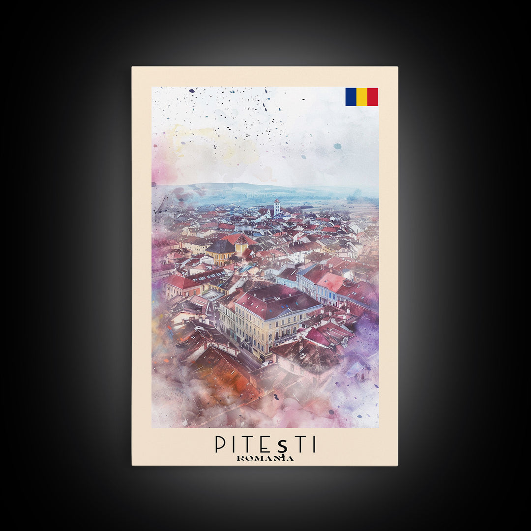 Piteti Romania Travel Poster Framed Canvas Print, Watercolor Painting, Scenic Wall Art, Home Decor, Romanian Cityscape, Classic Art