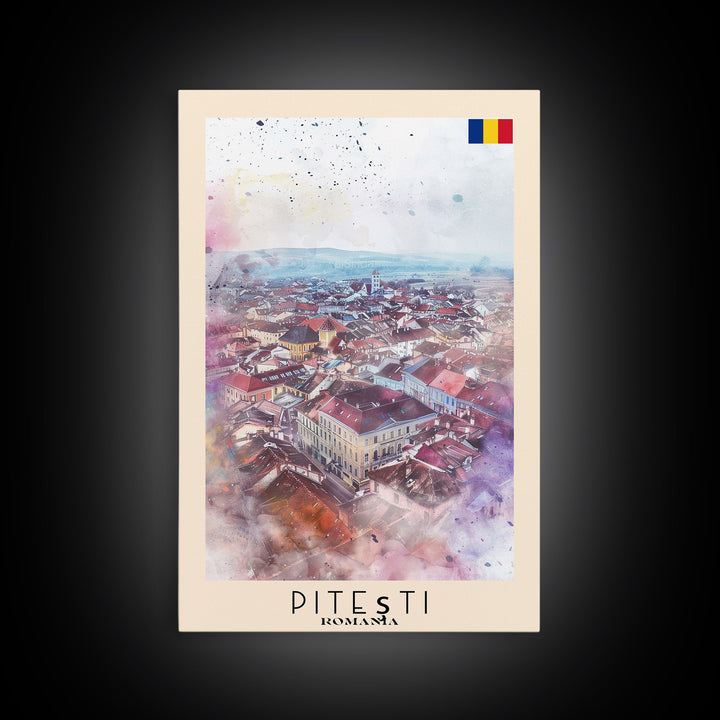 Piteti Romania Travel Poster Framed Canvas Print, Watercolor Painting, Scenic Wall Art, Home Decor, Romanian Cityscape, Classic Art