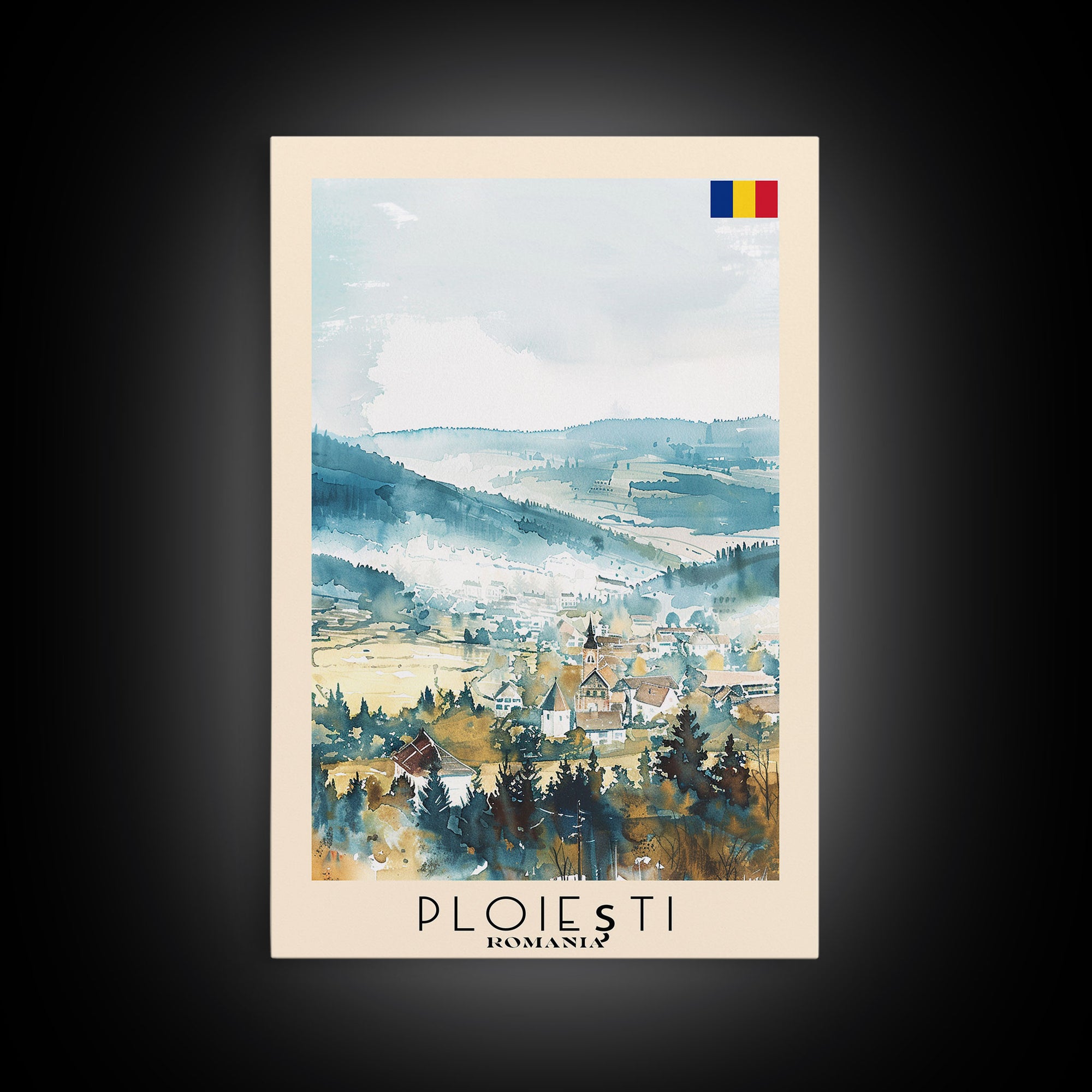 Ploiesti Romania Travel Poster Framed Canvas Print, Watercolor Painting, Scenic Wall Art, Home Decor, Romanian Landscape, Artistic Decor