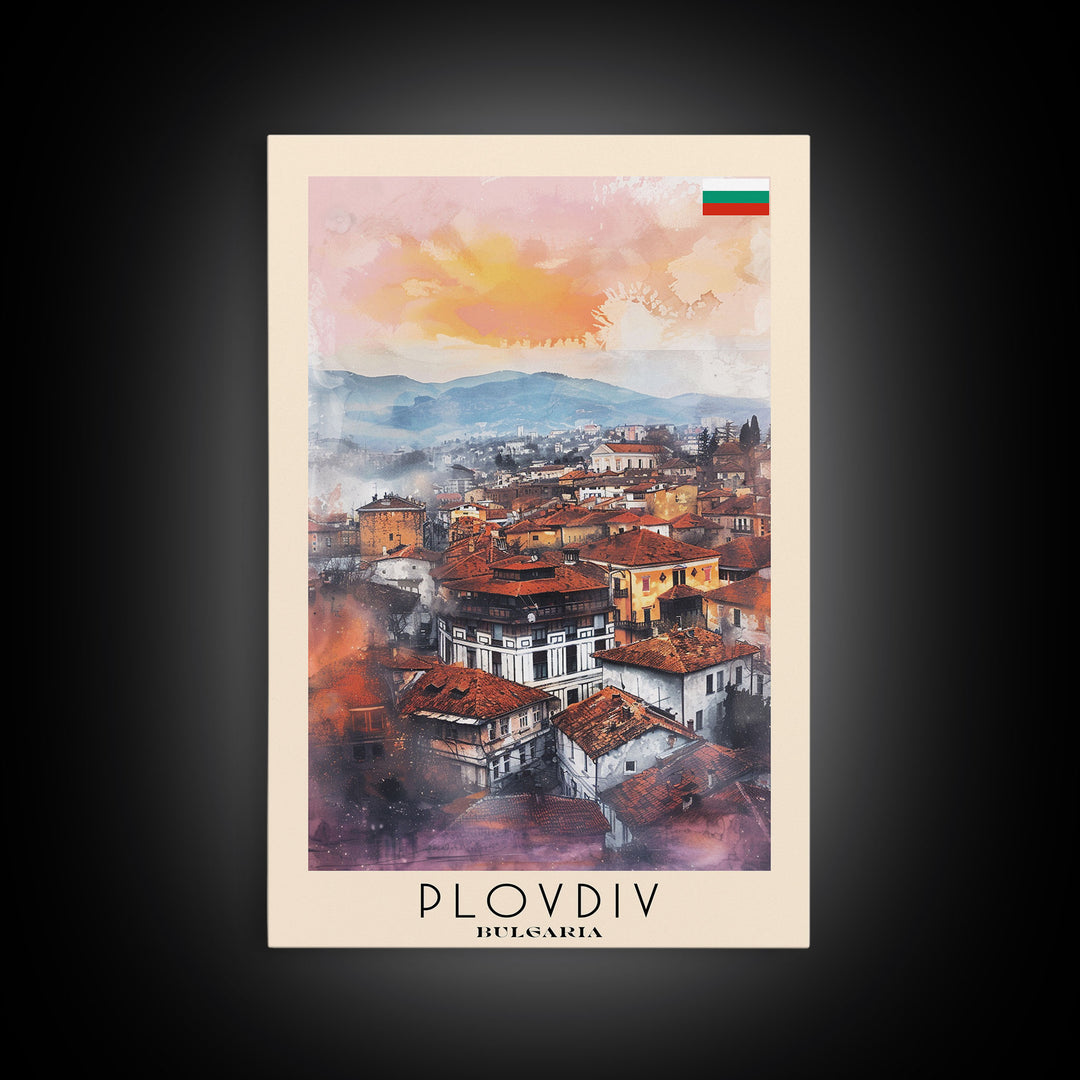 Plovdiv Bulgaria Travel Poster Framed Canvas Print, Watercolor Painting, Historic Wall Art, Home Decor, Bulgarian Cityscape, Classic Art