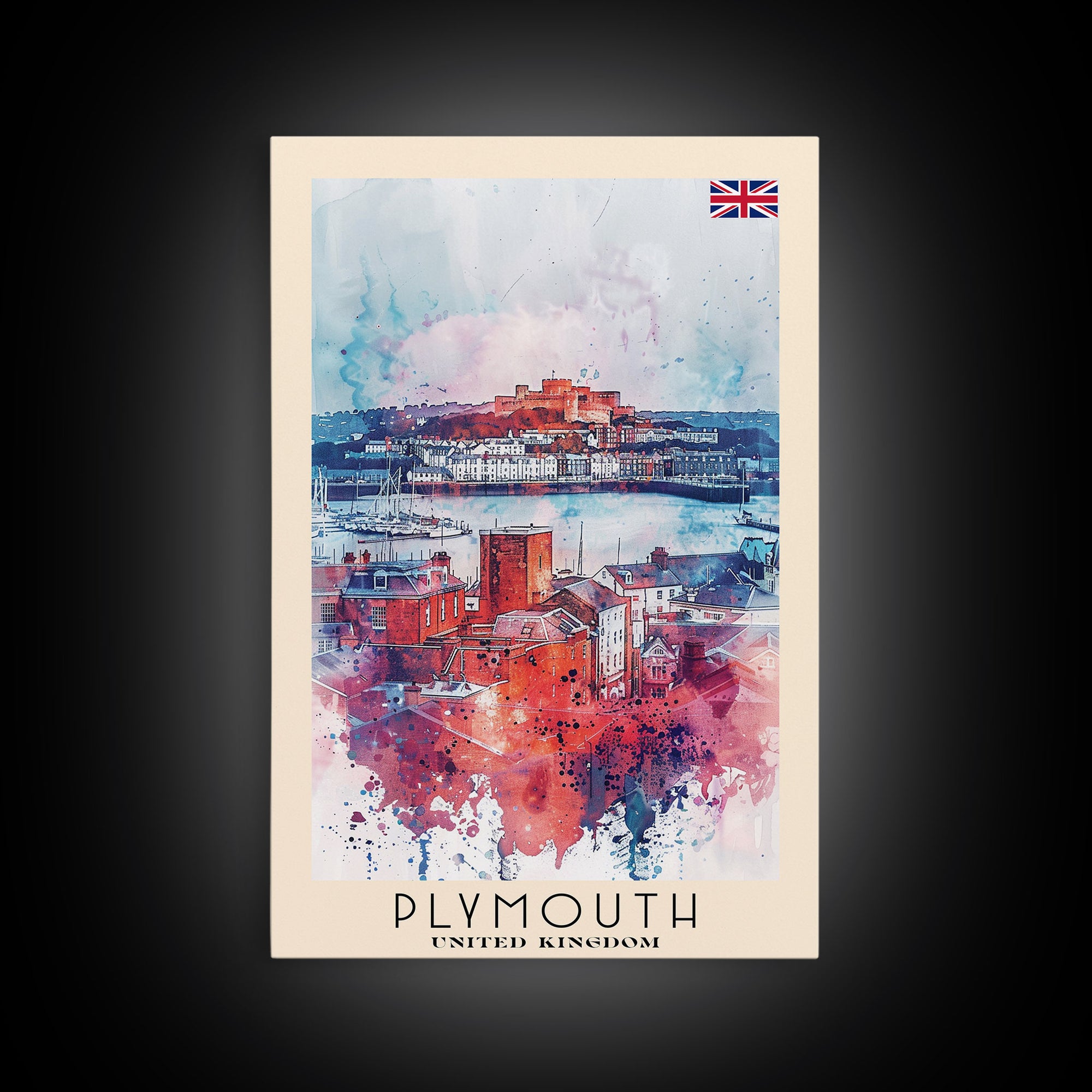 Plymouth United Kingdom Travel Poster Framed Canvas Print, Watercolor Painting, Coastal Wall Art, Home Decor, British Seaside, Modern Decor