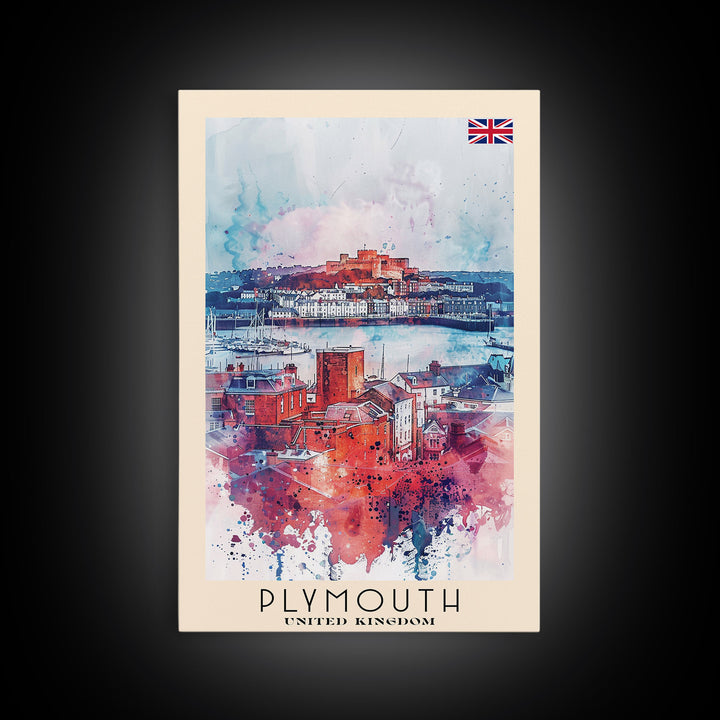 Plymouth United Kingdom Travel Poster Framed Canvas Print, Watercolor Painting, Coastal Wall Art, Home Decor, British Seaside, Modern Decor