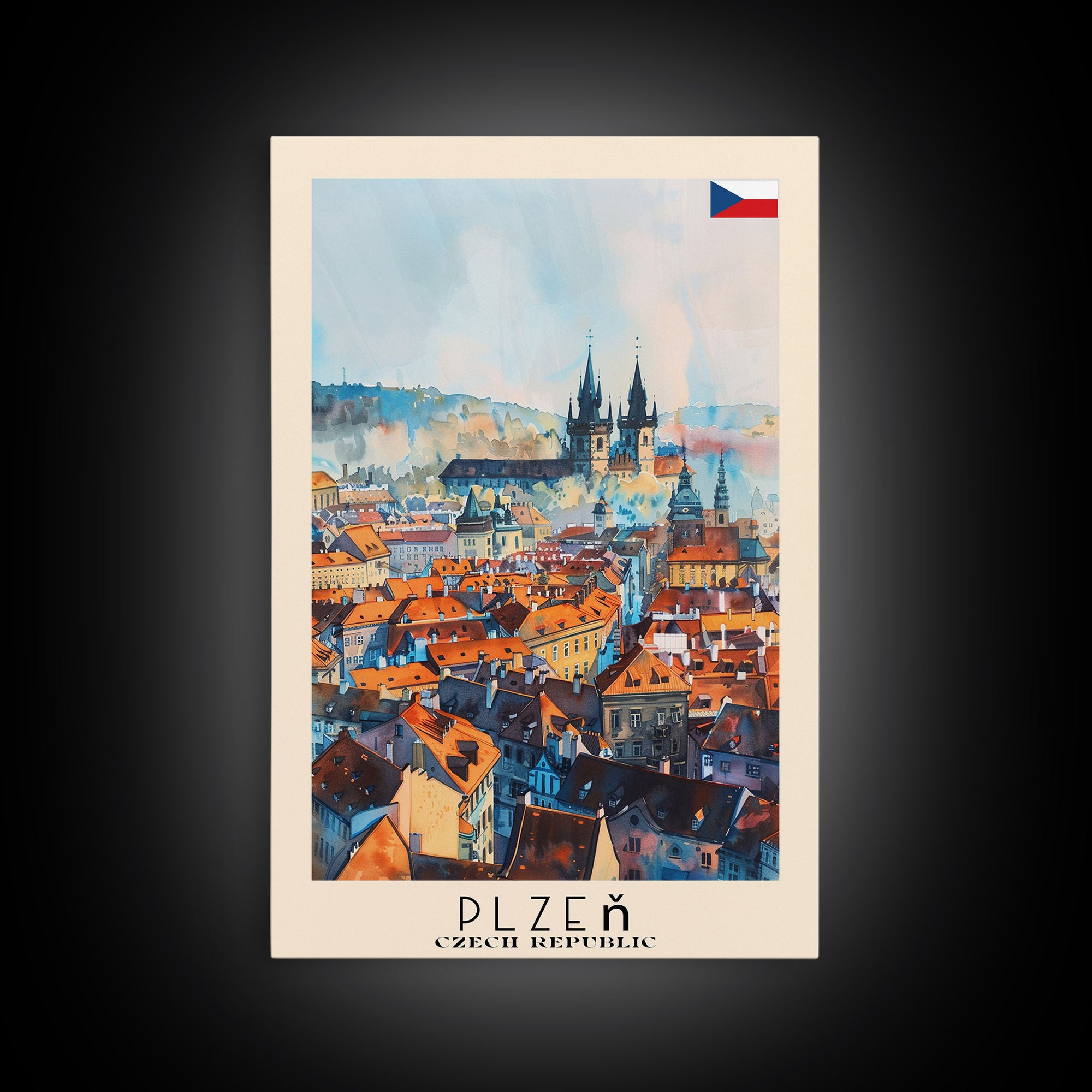 Plzen Czech Republic Travel Poster Framed Canvas Print, Watercolor Painting, Scenic Wall Art, Home Decor, Czech Cityscape, Modern Decor