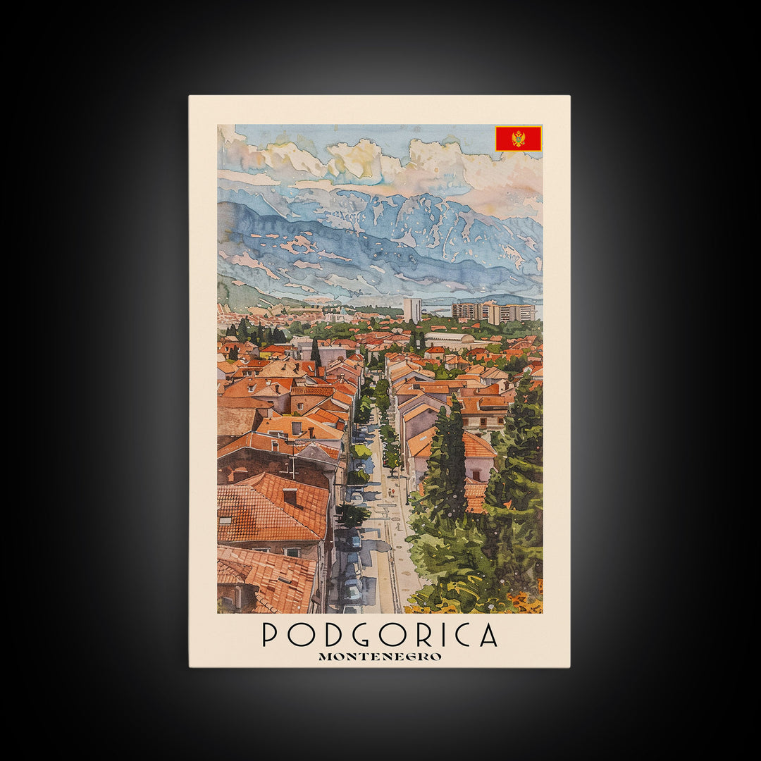 Podgorica Montenegro Travel Poster Framed Canvas Print, Watercolor Painting, Scenic Wall Art, Home Decor, Montenegrin Landscape, Artistic Decor